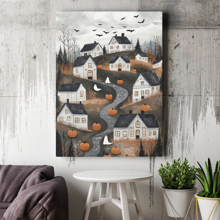 Halloween Village Canvas Wall Art | Spooky Ghost and Pumpkin Town Scene | Premium Gallery Wrap | Festive Fall Home Decor Gift