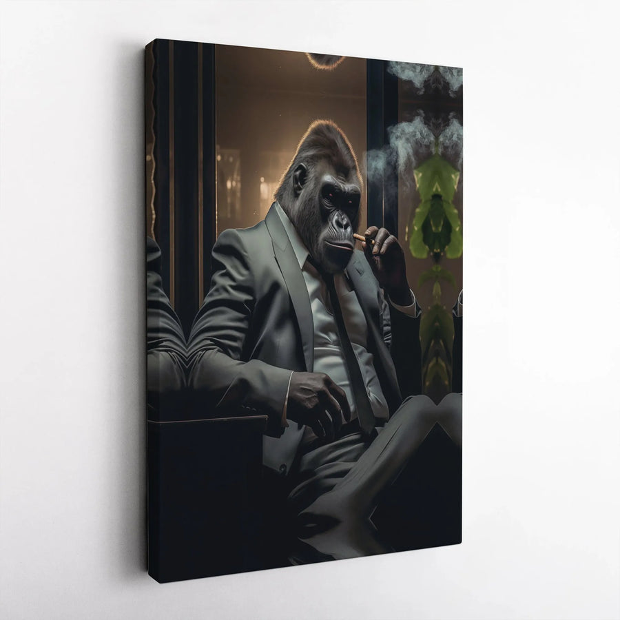 Gorilla Wall Art Canvas | Sophisticated Gorilla in Suit Smoking Cigar | Premium Gallery Wrap Print | Masculine Home Office Decor Gift