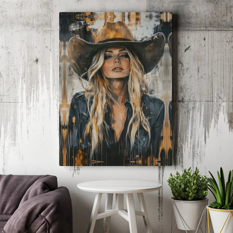 Western Cowgirl Canvas Wall Art | Abstract Blonde Woman Portrait | Premium Gallery Wrapped Print | Modern Farmhouse Home Decor Gift