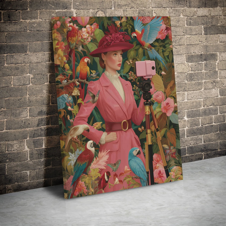 Influencer Woman Portrait Canvas Art | Vintage Aesthetic Parrot Tropical Design | Premium 1.25" Gallery Wrap | Modern Home Office Decor Gift
