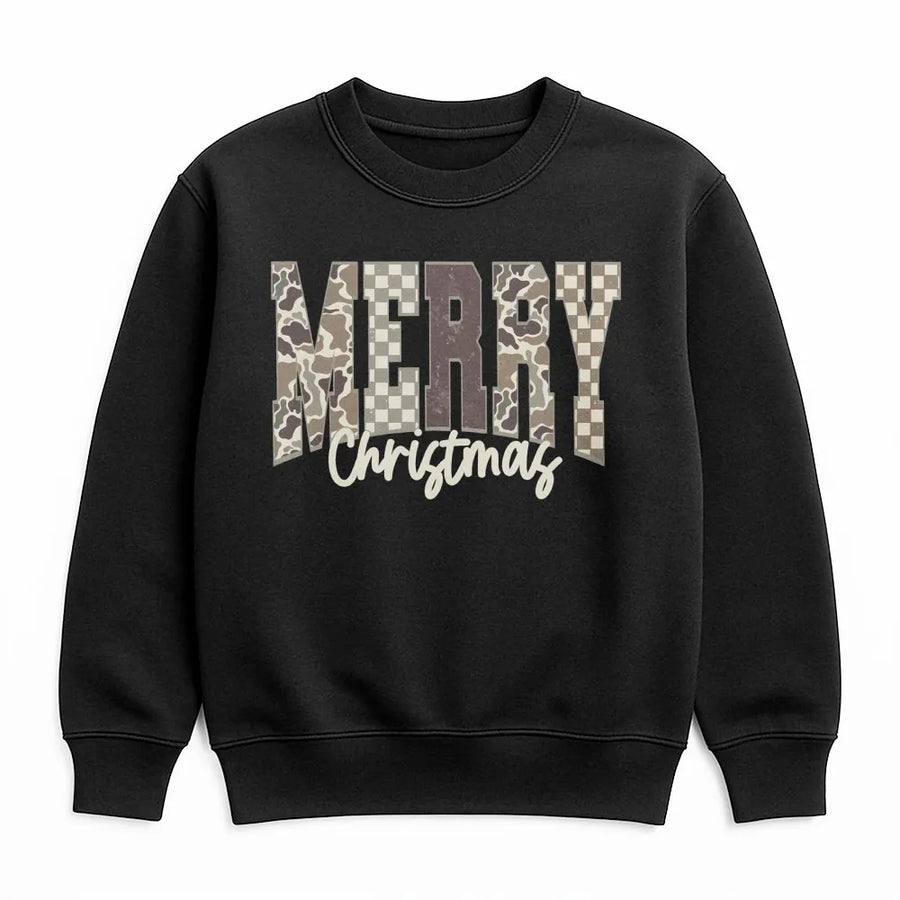 Merry Christmas Sweatshirt | Camouflage and Checkered Lettering | Premium Unisex Crewneck | Festive Holiday Gift for Hunters and Outdoorsy Women