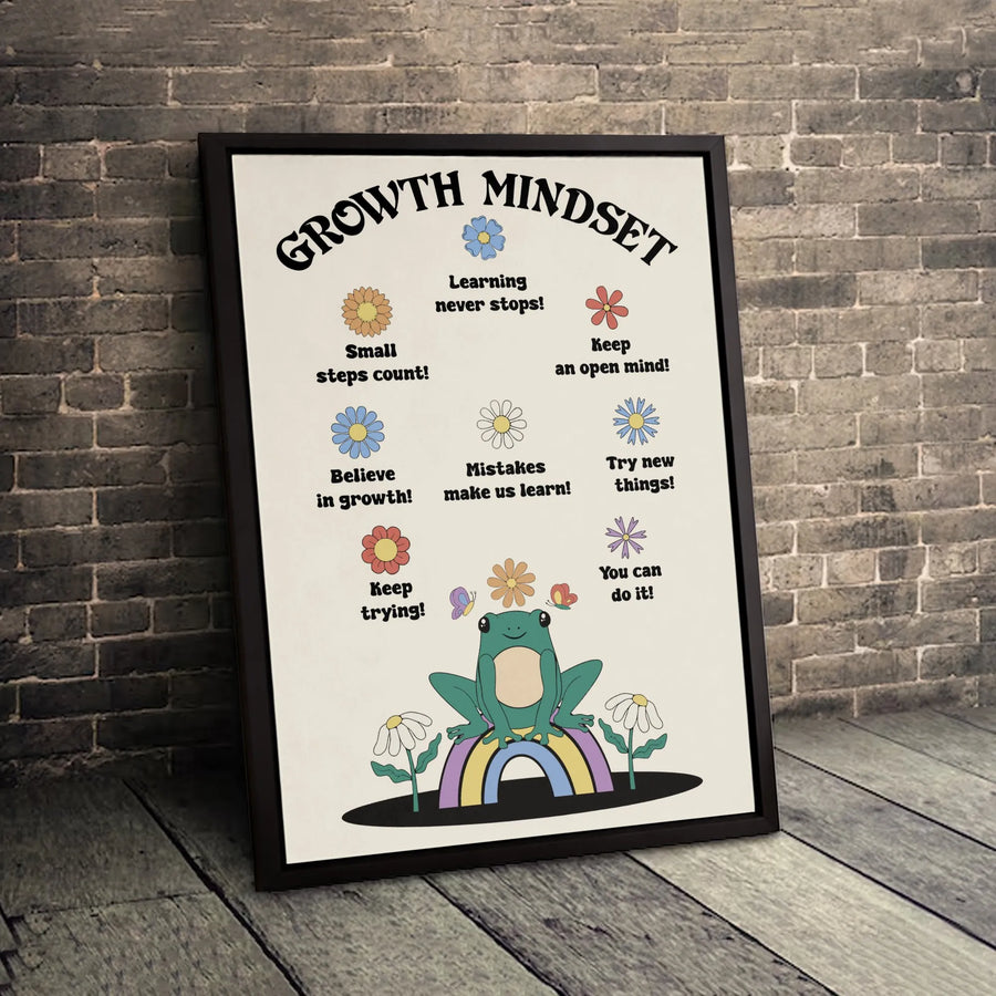Growth Mindset Canvas Wall Art | Retro Frog and Rainbow Classroom Decor | Premium Gallery Wrap Print | Motivational Gift for Kids and Teachers