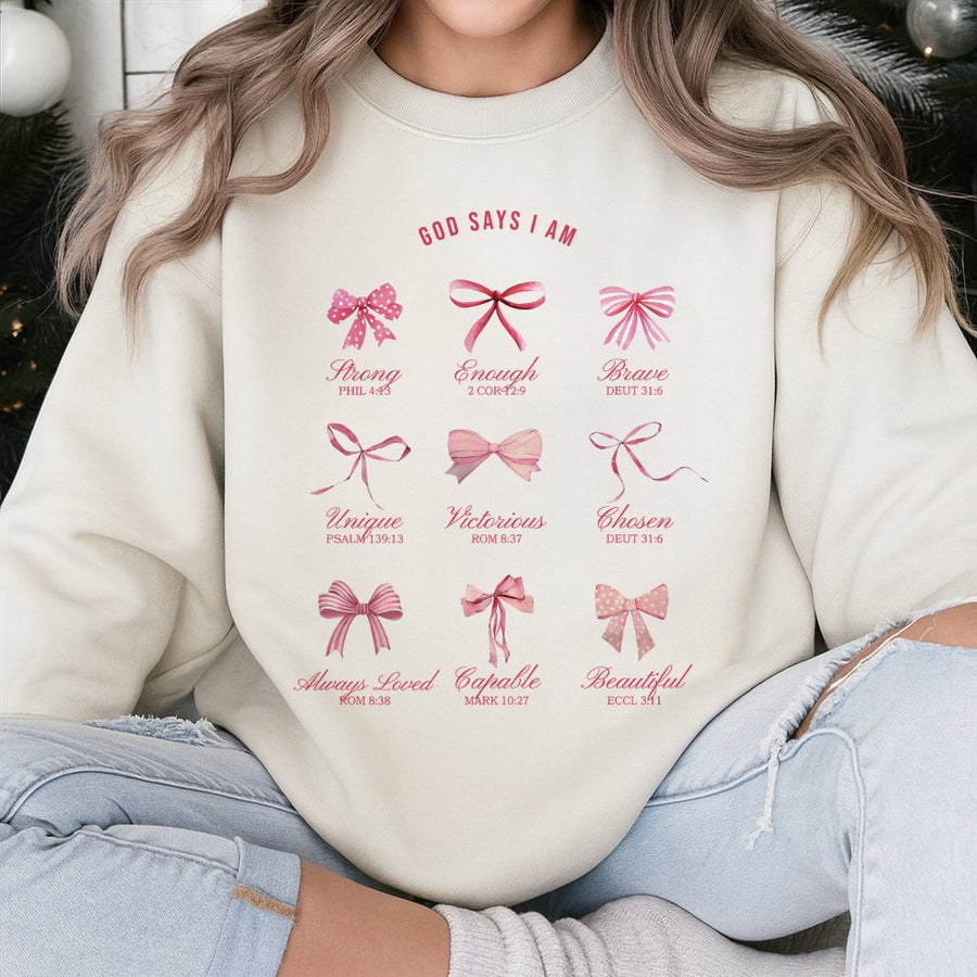 God Says I Am Sweatshirt | Christian Coquette Bow Design | Soft Cotton-Polyester Blend | Religious Scripture Gift for Women