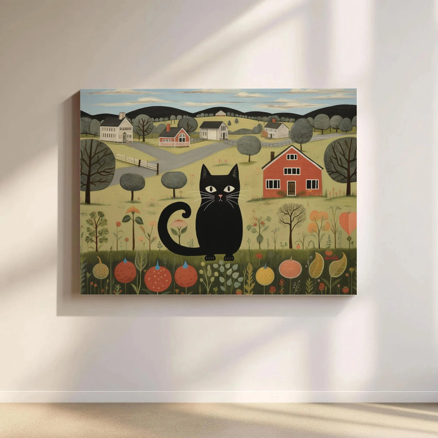 Folk Art Black Cat Canvas Print | Whimsical Village Landscape | 1.25 Inch Gallery Wrap | Unique Cat Lover Gift Wall Decor