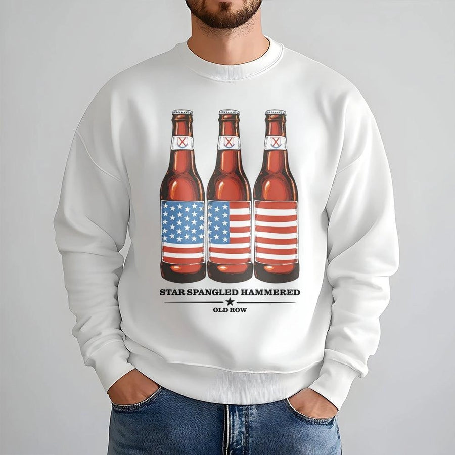 Star Spangled Hammered Sweatshirt | Beer Bottle US Flag Graphic | Premium Cotton Blend | Funny Patriotic Party Gift for Him and Her