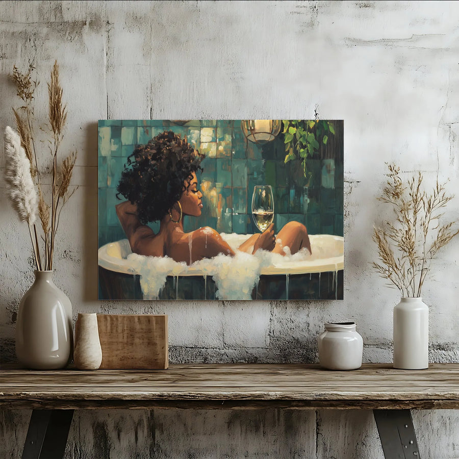 Black Woman Bathing Canvas Art | Afrocentric Bathroom Decor with Wine | Premium Gallery Wrap Print | Elegant Self-Care Wall Decor for Her
