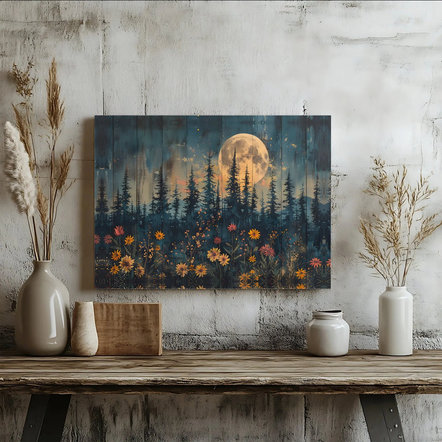 Full Moon Pine Forest Canvas Wall Art | Midnight Floral Landscape Print | 1.25-Inch Premium Gallery Wrap | Nature-Inspired Home Decor Gift