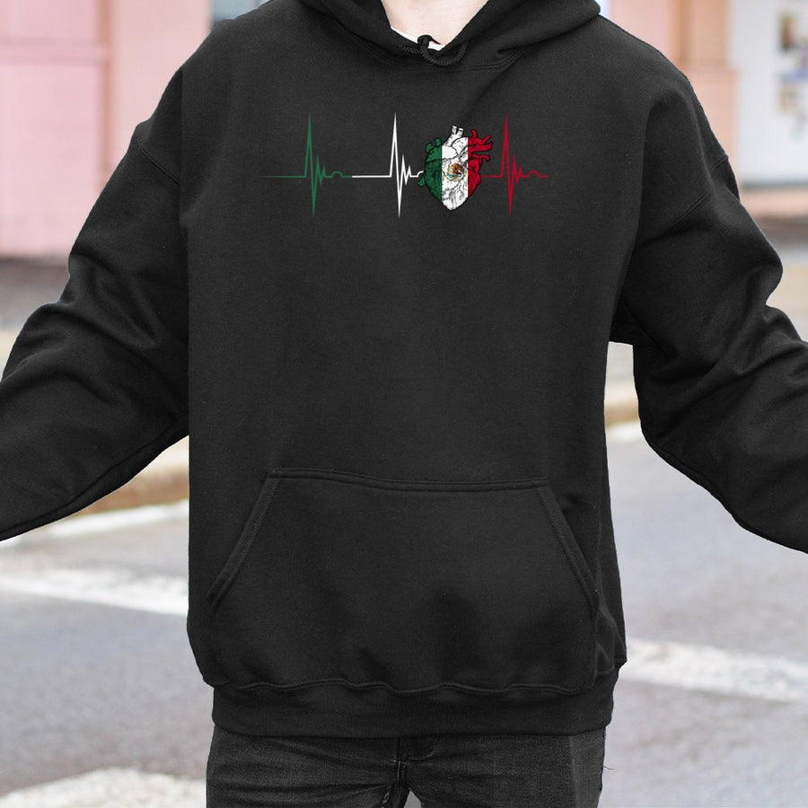 Mexico Flag Heartbeat Hoodie | Mexican Heart EKG Pulse Design | Premium Cotton-Blend | Mexican Pride Gift for Men and Women