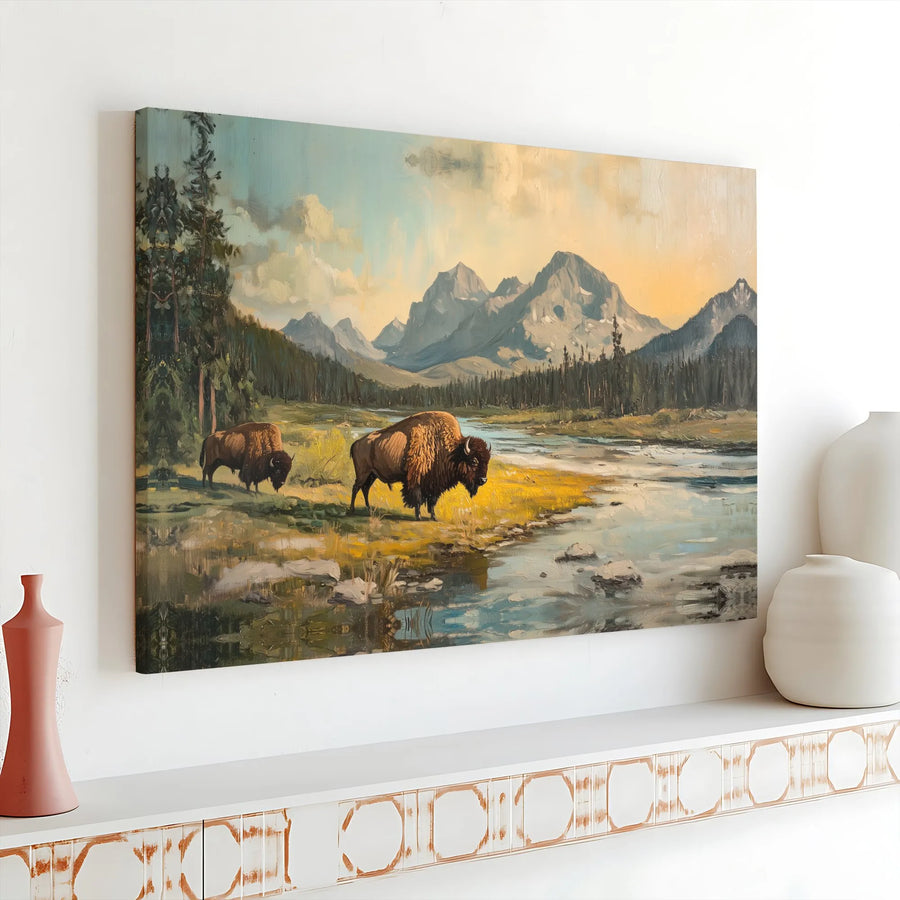 Bison Mountain Landscape Canvas | Vintage Western Painting Wall Art | Premium Gallery Quality Print | Rustic Cabin & Lodge Decor Gift