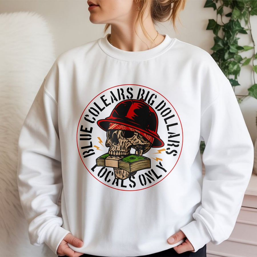 Blue Collar Sweatshirt | Skull In Hard Hat Money Graphic | Premium Cotton Blend | Gift For Construction Workers And Hustlers