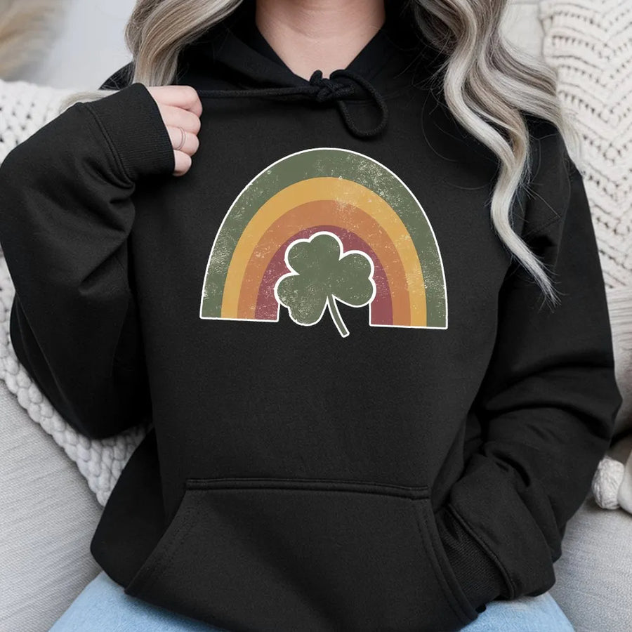 St. Patrick’s Day Shamrock Hoodie | Retro Rainbow Aesthetic Graphic | Premium Cotton-Blend Pullover | Lucky Irish Gift for Her