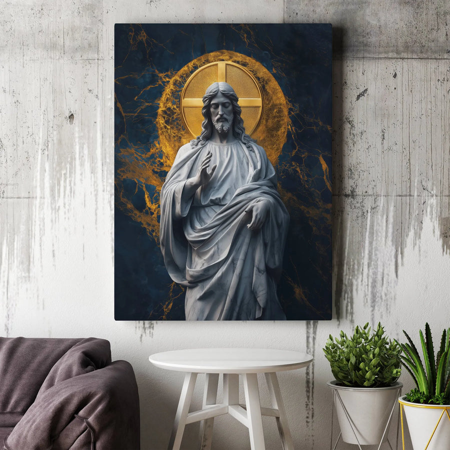Jesus Christ Canvas Print | Religious Marble Statue Art with Gold Halo | Premium 1.25" Gallery Wrap | Spiritual Home Wall Decor Gift