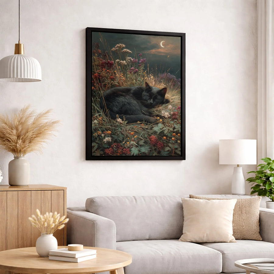 Sleeping Black Cat Canvas Wall Art | Wildflower Meadow Under Crescent Moon | Premium Gallery-Wrapped Print | Whimsical Nature Home Decor Gift