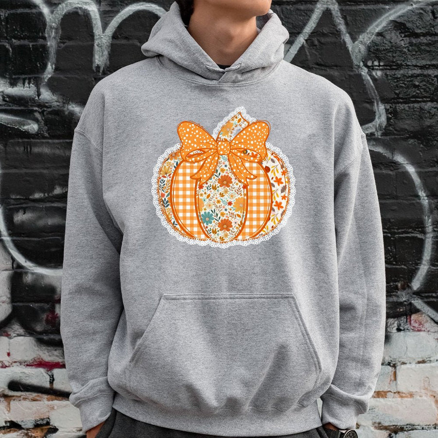 Floral Pumpkin Hoodie | Preppy Bow Aesthetic Print | Premium Cotton-Blend Fall Sweatshirt | Cute Autumn Thanksgiving Gift for Women
