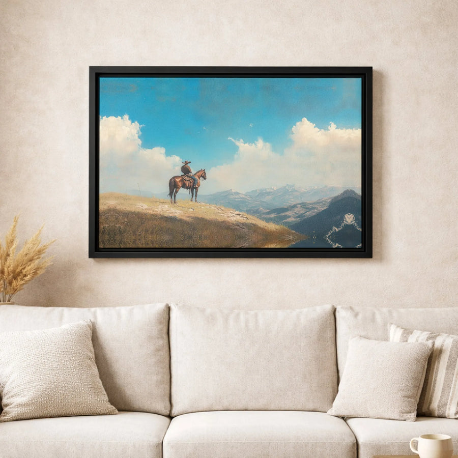 Western Cowboy Horse Canvas Wall Art | Mountain Valley Landscape Print | Gallery Quality 1.25-inch Profile | Rustic Home Office Decor Gift