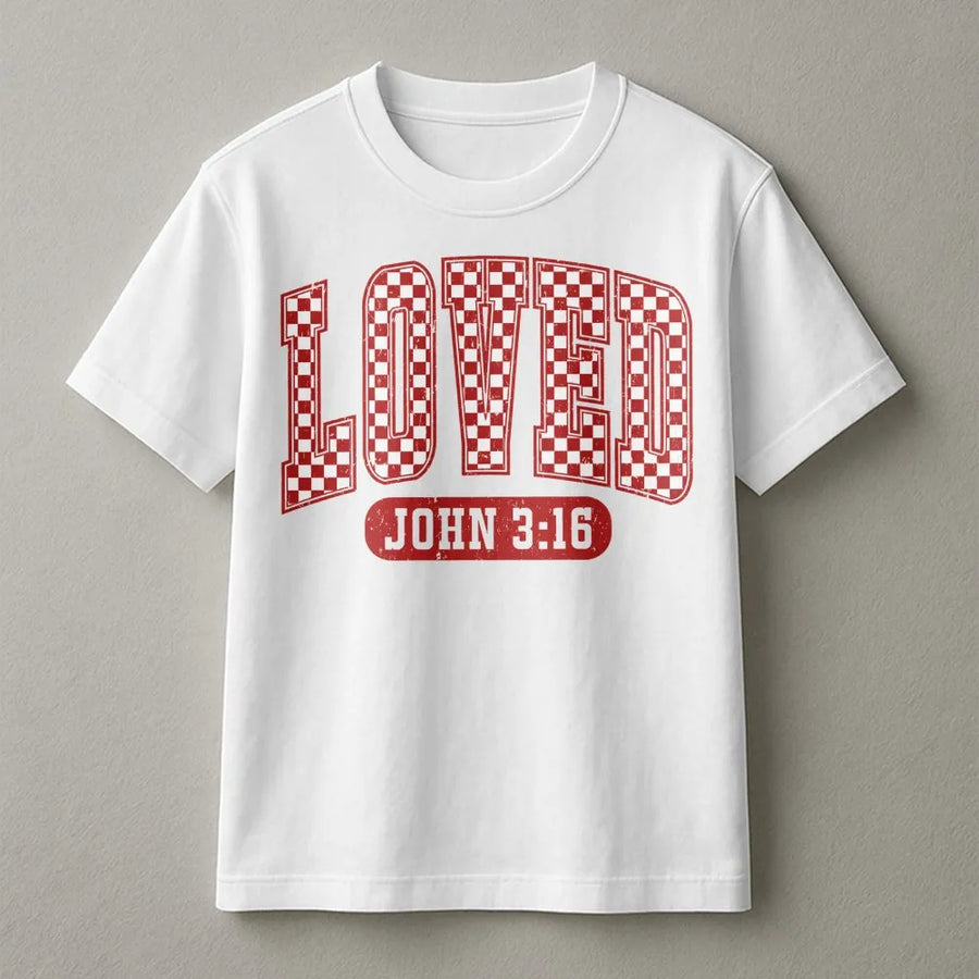 Loved John 3:16 T-Shirt | Retro Checkered Graphic Print | Premium Soft Cotton Tee | Christian Valentine's Day Faith Gift for Men and Women