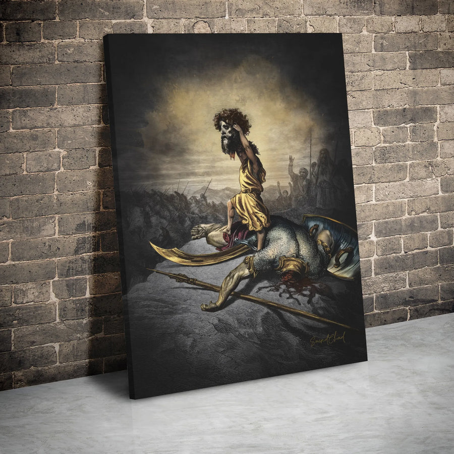 David and Goliath Canvas Wall Art | Dramatic Biblical Illustration | Premium Gallery Wrap Print | Religious Gift for Home Office Decor