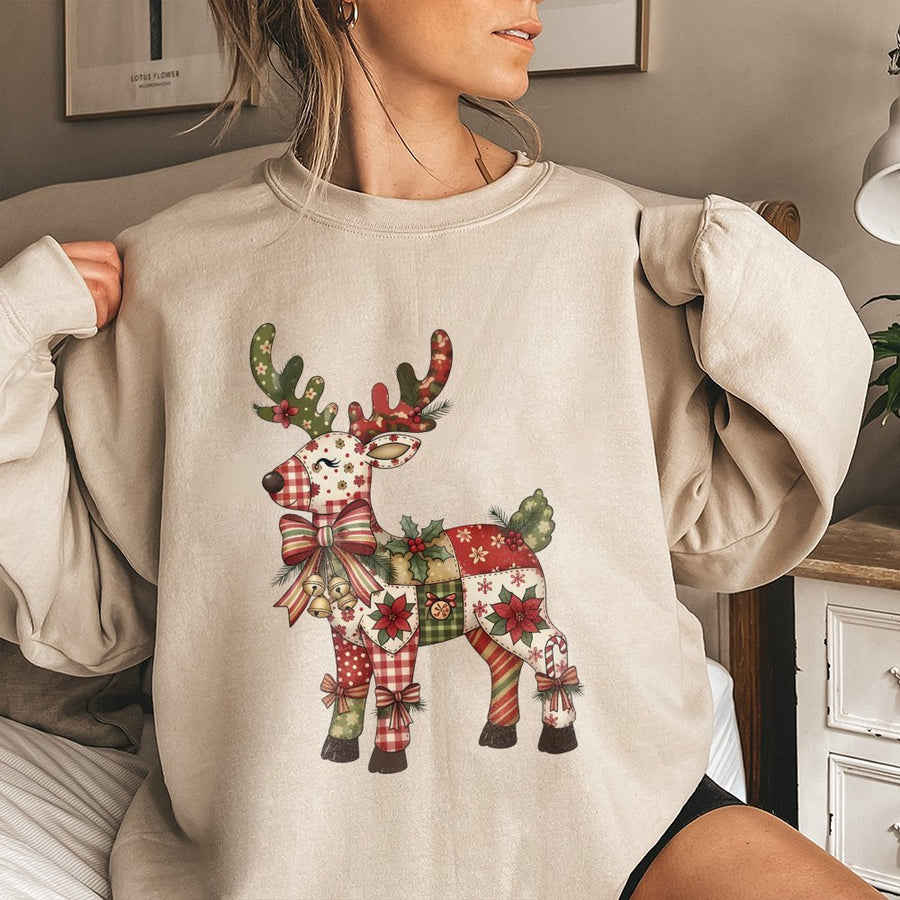 Christmas Patchwork Reindeer Sweatshirt | Festive Holiday Floral Graphic | Cotton Blend Premium Comfort | Cozy Gift for Her and Holiday Season Lovers