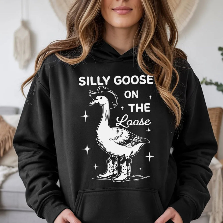 Silly Goose On The Loose Hoodie | Cowboy Goose Graphic Sweatshirt | Premium Cotton Blend Pullover | Cute Farm Animal Western Gift For Him Her