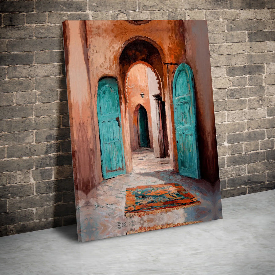 Moroccan Alleyway Canvas Art | Turquoise Door Oil Painting Print | Gallery Wrap 1.25 Inch Wall Decor | Mediterranean Home Decor Gift