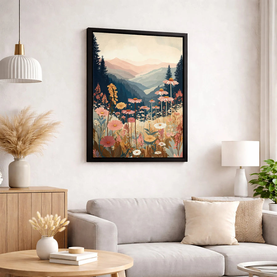 Boho Mountain Meadow Canvas Art | Wildflower Landscape with Pine Trees | Premium Fade-Resistant Print | Wall Decor for Home and Office