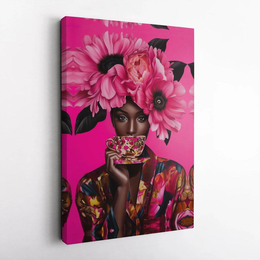 Black Woman Canvas Art | Floral Headdress Portrait | Premium Gallery Wrapped Wall Decor | Vibrant Pink Botanical Aesthetic Gift for Her