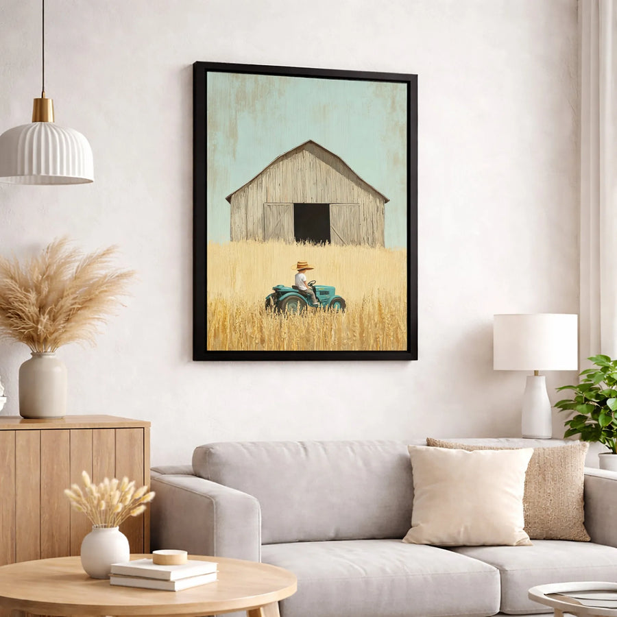 Farmhouse Wall Art Canvas | Boy On Blue Tractor In Wheat Field | Premium Gallery Wrap Print | Rustic Country Home Decor Gift