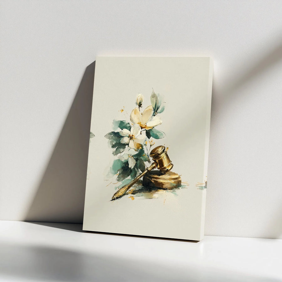Judge Gavel Canvas Wall Art | Watercolor Floral Justice Print | Premium Stretched Canvas | Collector's Gift for Lawyer, Judge, Law Student