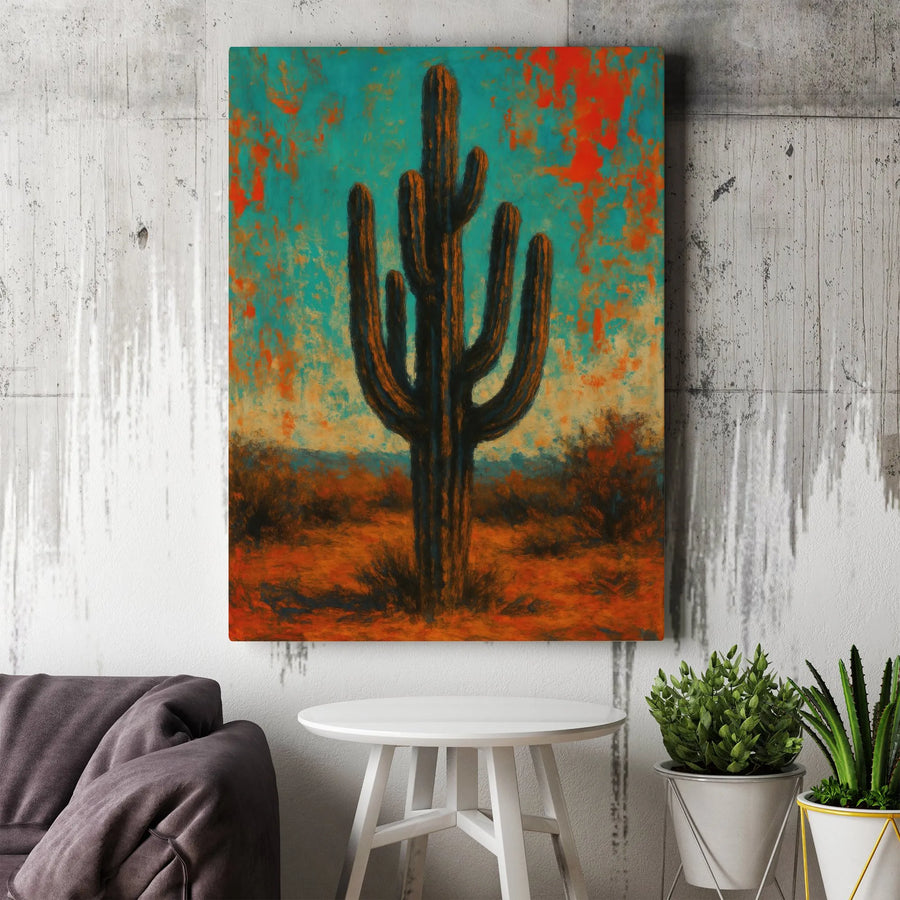 Saguaro Cactus Vertical Canvas | Abstract Desert Landscape Wall Art | Premium 1.25" Thick Gallery Print | Southwestern Home Decor Gift