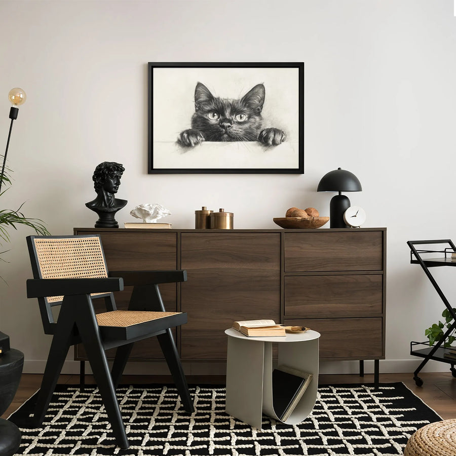 Black Cat Wall Art Canvas | Peeking Kitten Pencil Sketch Print | Gallery-Quality Framed Decor | Unique Gift for Cat Lovers