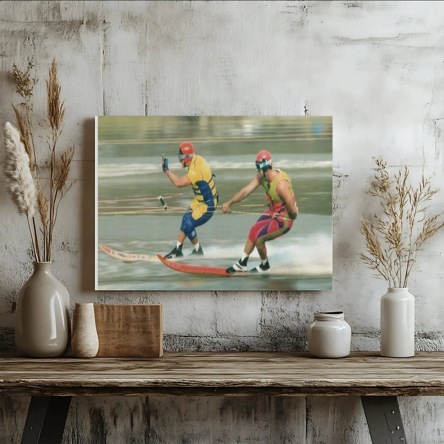 Vintage Waterskiing Action Canvas | 90s Extreme Sports Photo | Premium Fade-Resistant Wall Art | Retro Summer Lake Home Decor Gift