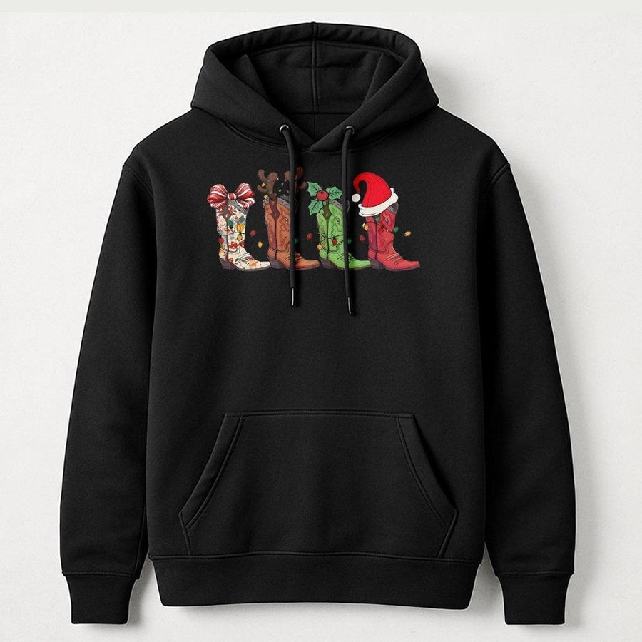 Western Christmas Hoodie | Cowboy Boot Holiday Graphic | Premium Cotton Blend | Cowgirl Country Winter Gift for Her