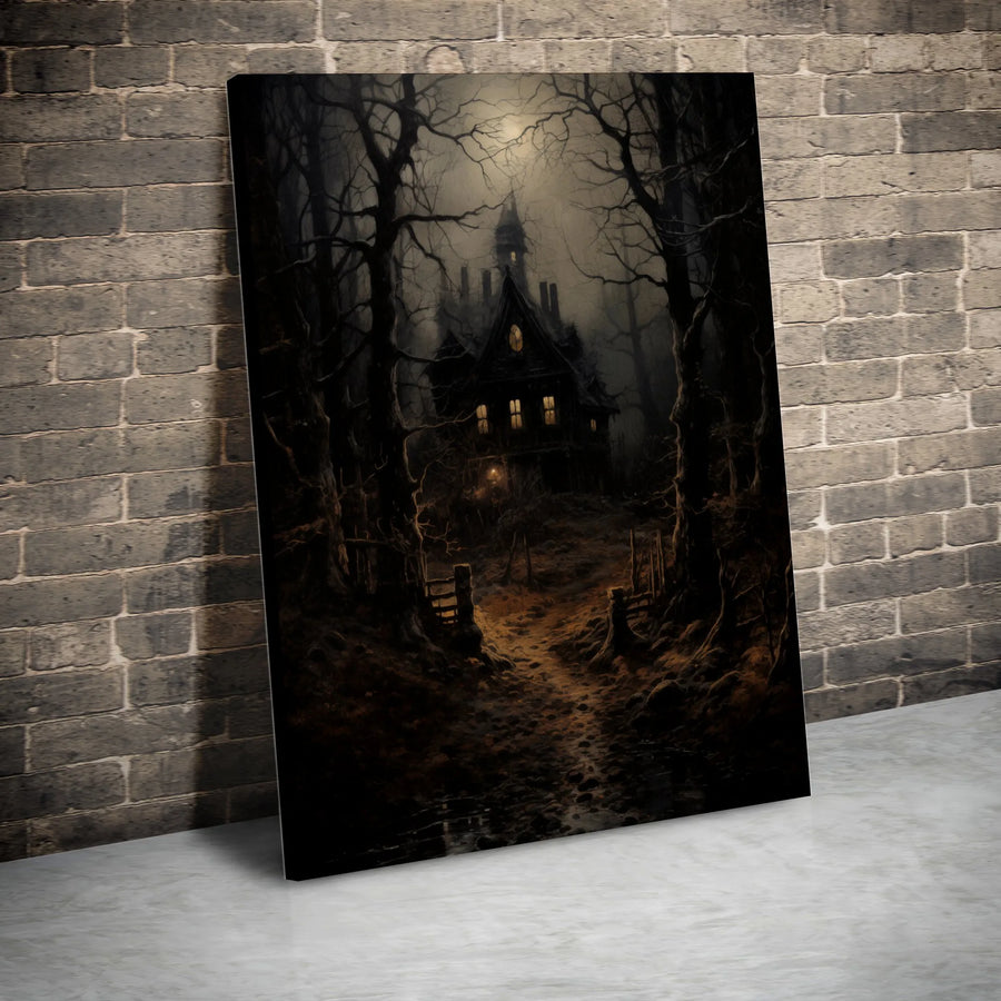 Haunted House Canvas Wall Art | Dark Forest Gothic Horror Print | Premium 1.25-Inch Gallery Wrap | Spooky Home Decor Gift for Horror Fans