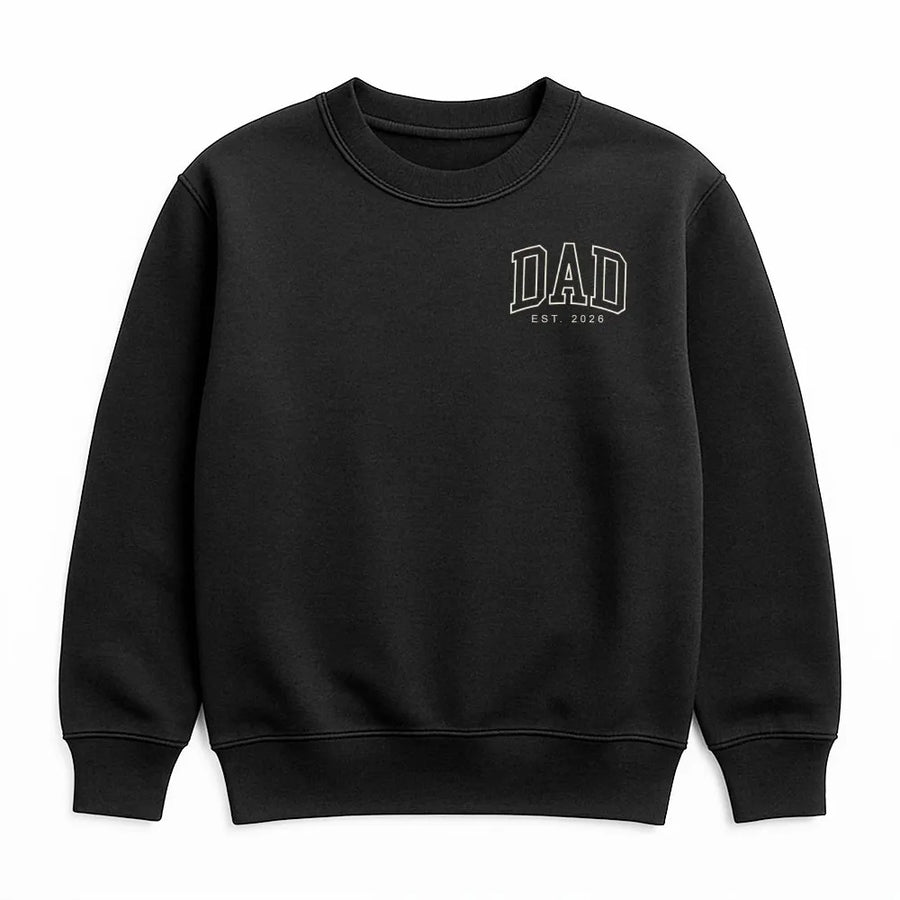 Dad Est 2026 Sweatshirt | Minimalist Varsity Chest Logo | Soft Cotton Blend Pullover | Pregnancy Announcement Gift for New Dad