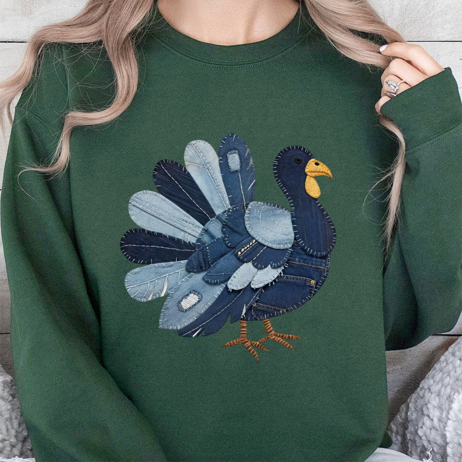Denim Patchwork Turkey Sweatshirt | Cute Fall Graphic Design | Premium Cotton Blend | Thanksgiving Gift For Her