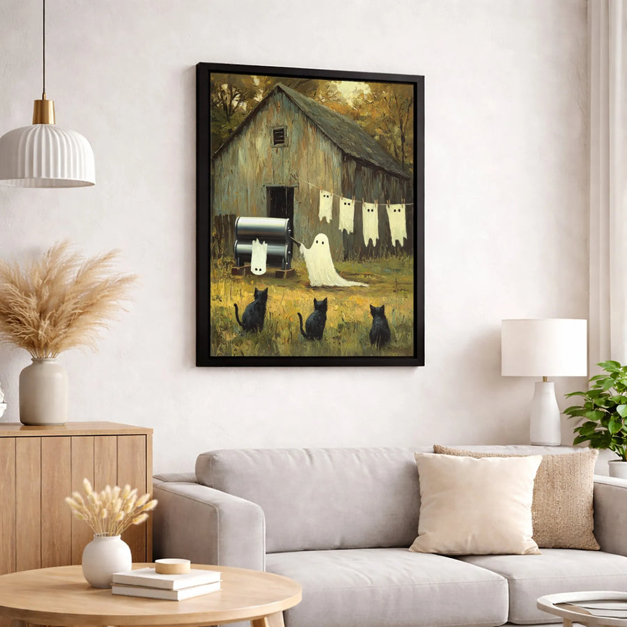 Ghost Doing Laundry Canvas Print | Funny Halloween Ghost Costume Art | Premium 1.25" Gallery Wrap | Whimsical Fall Home Decor Gift