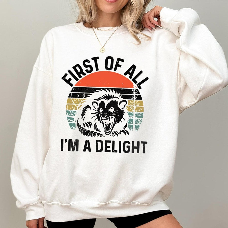 First Of All I'm A Delight Opossum Sweatshirt | Retro Sunset Graphic Pullover | Soft Cotton Blend Premium Quality | Funny Animal Lover Gift For Women And Men