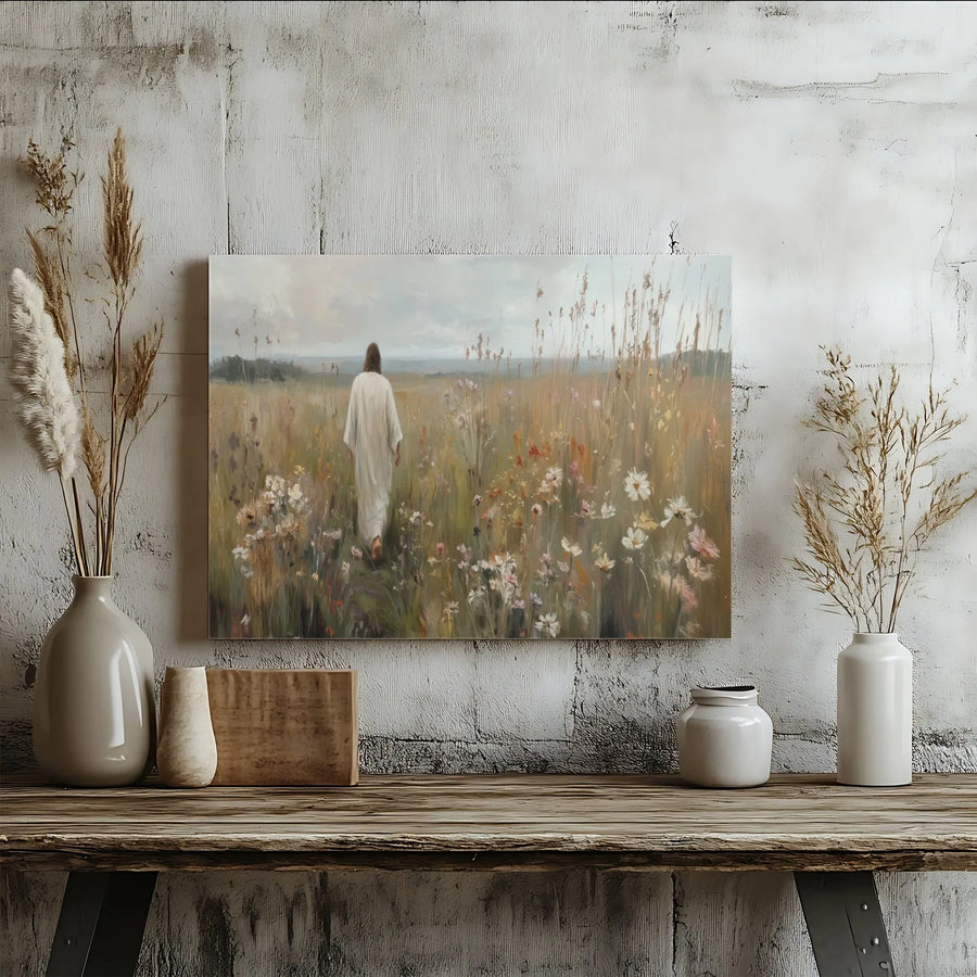Jesus Walking In Wildflowers Canvas Print | Impressionist Meadow Landscape Wall Art | Gallery Wrapped Premium Decor | Christian Faith Home Gift