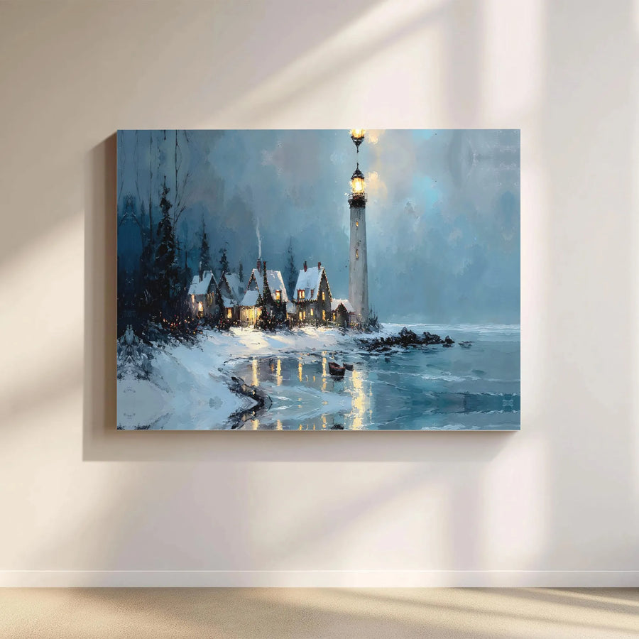Winter Lighthouse Canvas Art | Snowy Coastal Village Night Scene | Premium Gallery Wrap Wall Decor | Festive Holiday Home Gift