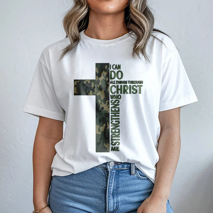 I Can Do All Things Through Christ T-Shirt | Camo Cross Graphic Print | Premium Soft Cotton | Inspirational Religious Gift for Men and Women