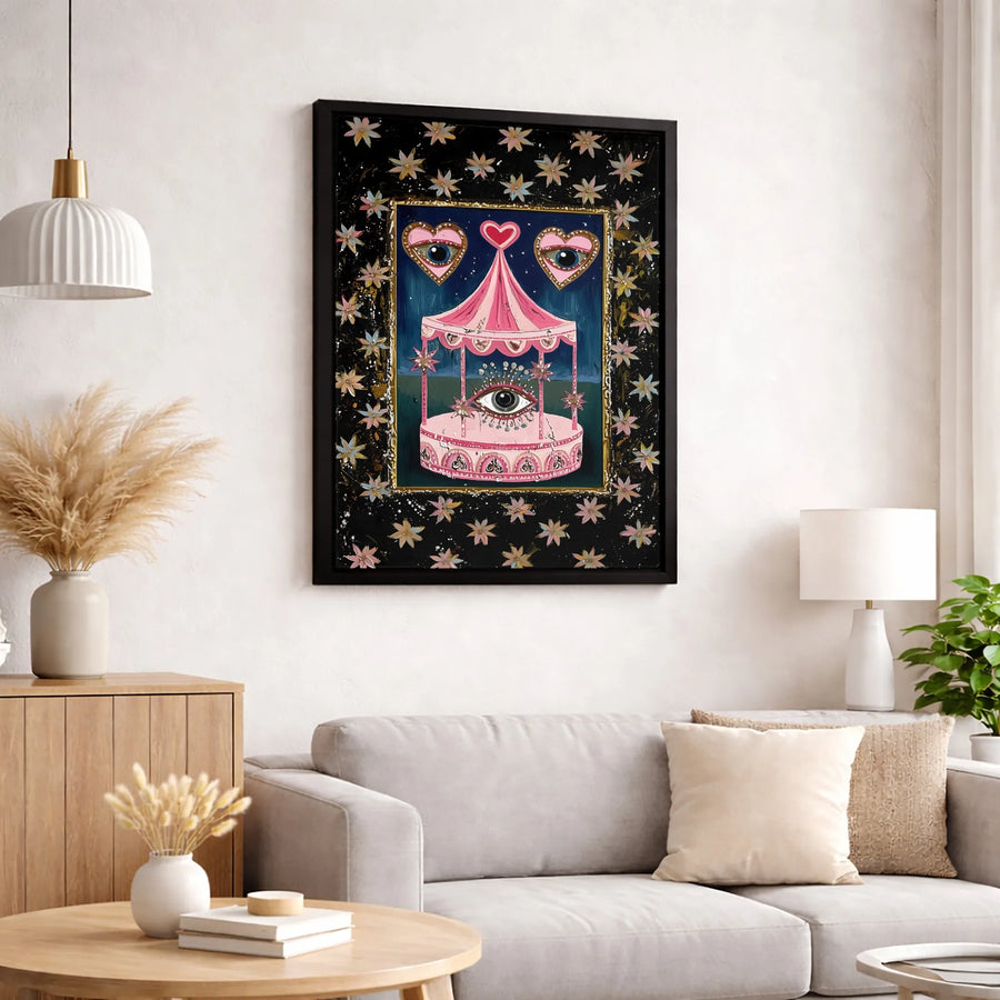 Surreal Carousel Canvas Art | Gothic Whimsical Pink Wall Decor | Premium Gallery Wrap Print | Unique Gift for Art Lovers