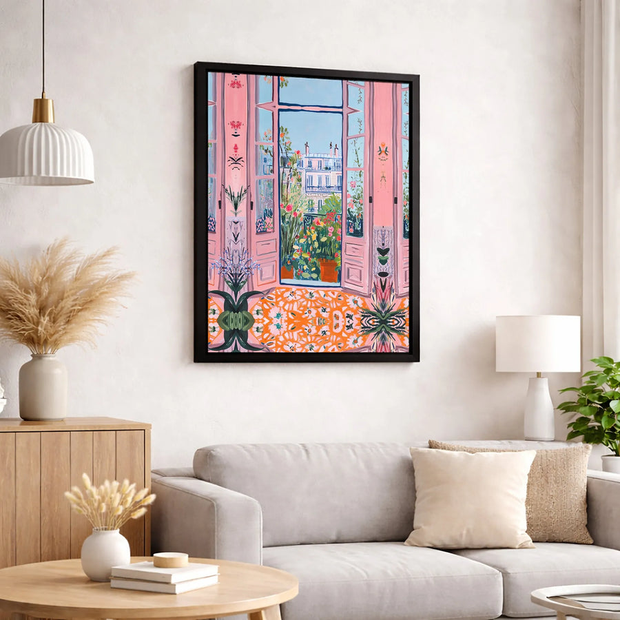 Parisian Window Canvas Art | Vibrant Pink Balcony Garden View | Gallery-Wrapped Premium Print | French Aesthetic Home Decor Gift