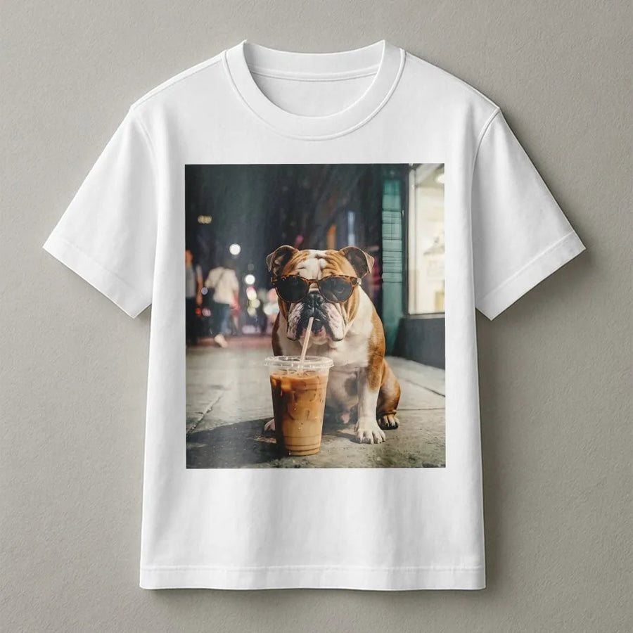 Funny Bulldog T-Shirt | Dog Drinking Iced Coffee with Sunglasses | Premium Cotton Blend | Gift for Bulldog Owner & Dog Lovers