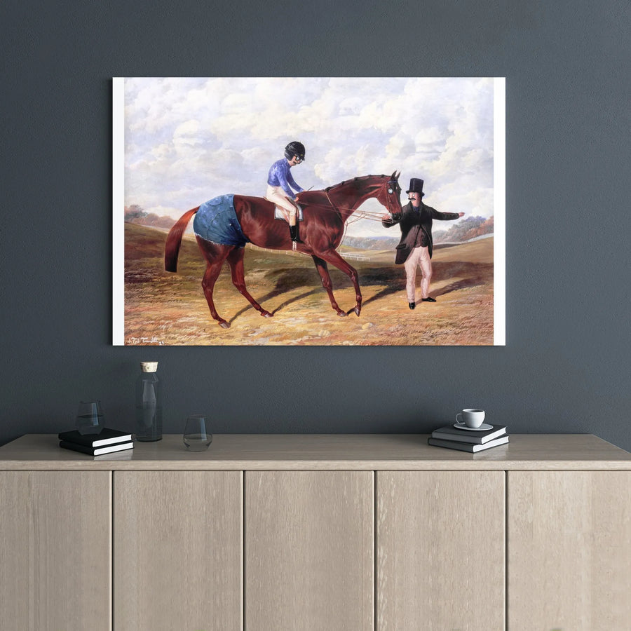 Funny Horse Wearing Denim Shorts Canvas | Whimsical Jockey Painting | Premium 1.25 Inch Gallery Wrap | Unique Equestrian Gift for Art Lovers
