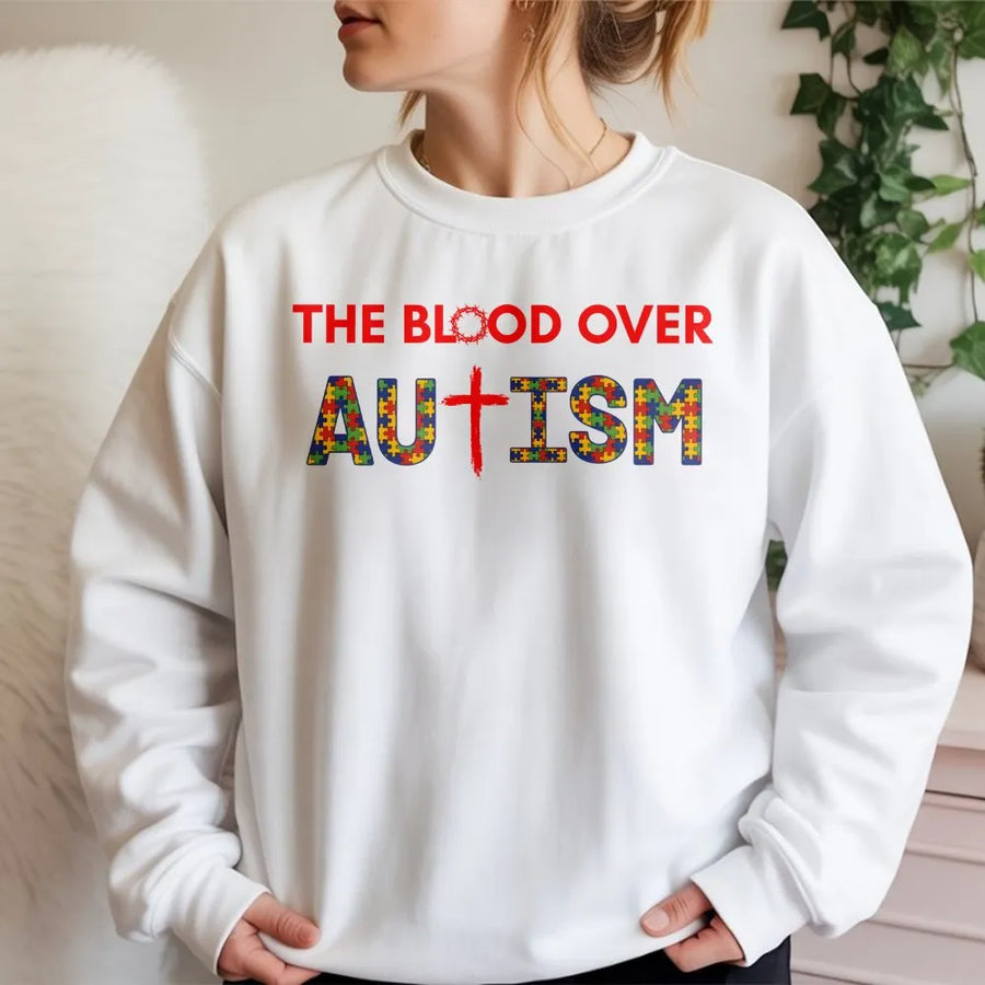 Blood Over Autism Sweatshirt | Christian Puzzle Piece Cross Graphic Tee | Soft Cotton-Poly Blend | Faith Based Autism Awareness Gift