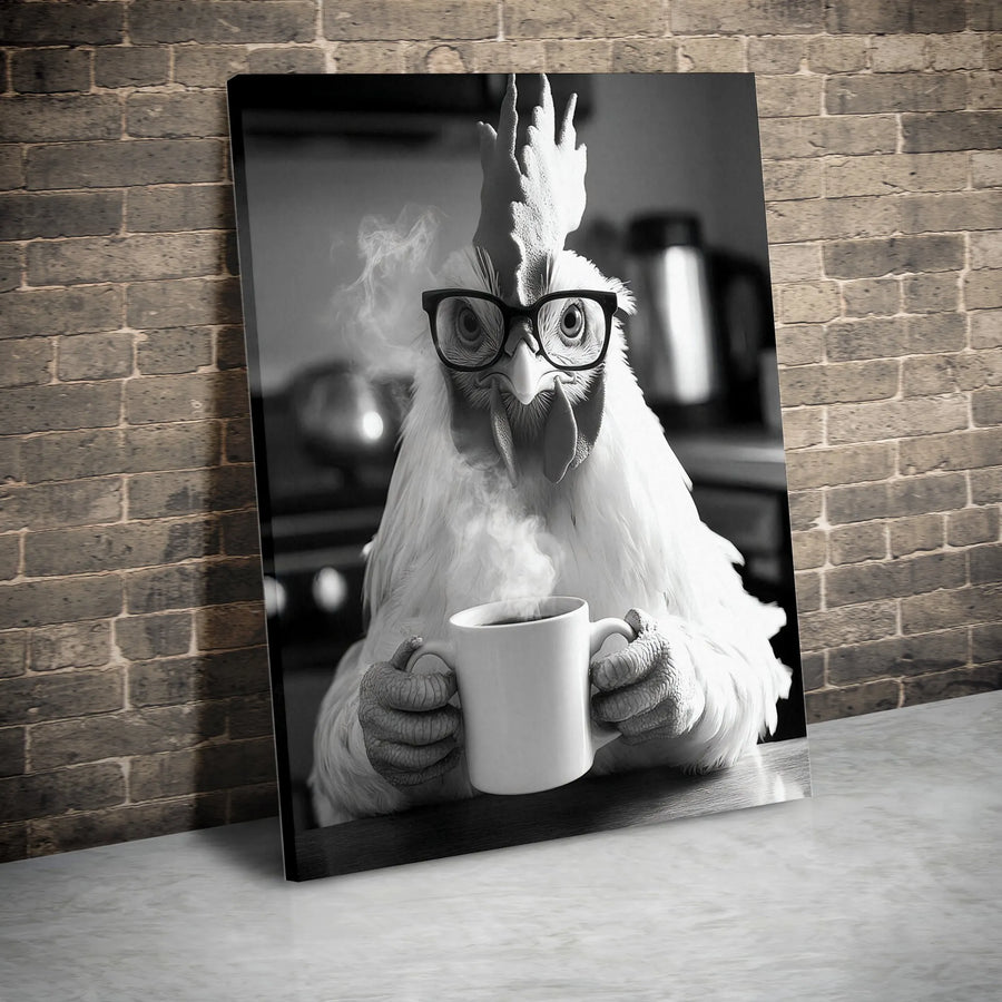 Rooster Drinking Coffee Wall Art | Whimsical Chicken With Glasses Portrait | 1.25-Inch Premium Gallery Canvas | Funny Farmhouse Kitchen Decor Gift