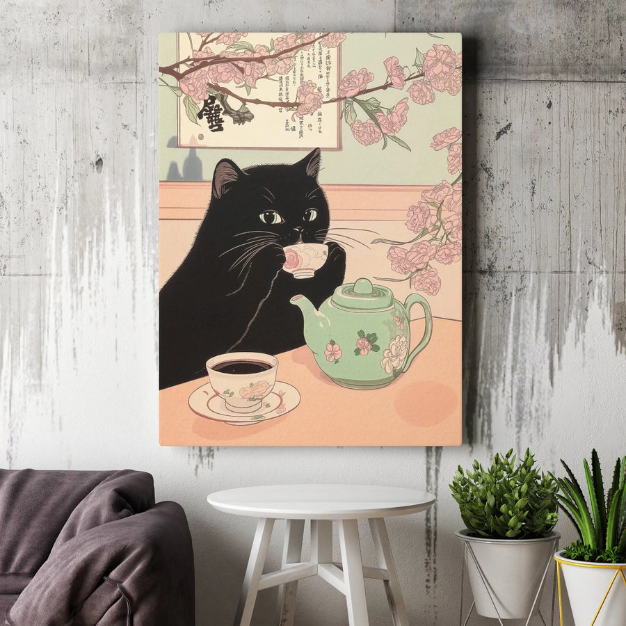 Black Cat Wall Art | Japanese Ukiyo-e Tea Time Print | Premium Gallery Wrap Canvas | Whimsical Home Decor Gift for Cat Lovers