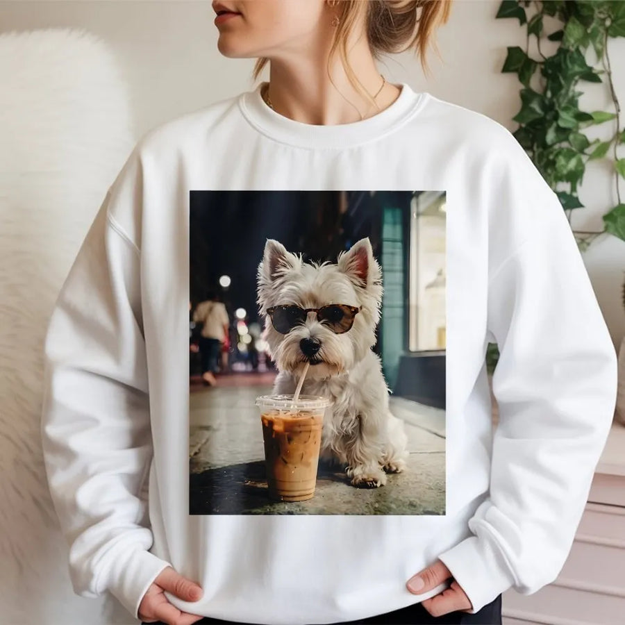 Westie Dog Sweatshirt | Dog Wearing Sunglasses Drinking Iced Coffee | Cozy Graphic Pullover | Unisex Gift for Westie Owner