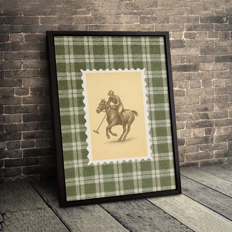 Equestrian Polo Player Canvas Wall Art | Vintage Sketch On Green Plaid | Premium Gallery-Wrapped Print | Classic Sport Gift For Home Decor