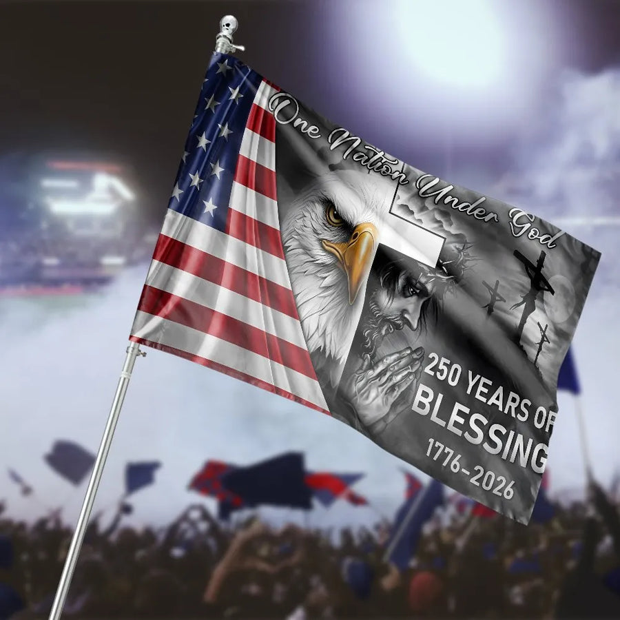 250th Anniversary American Flag | One Nation Under God Eagle Cross Design | Double Sided Polyester | Commemorative Patriotic Christian Gift